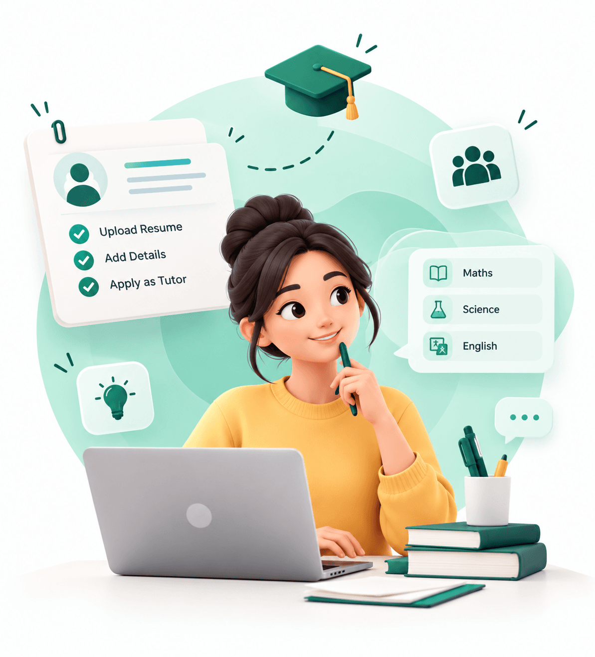 A tutor at her laptop with subject cards around her