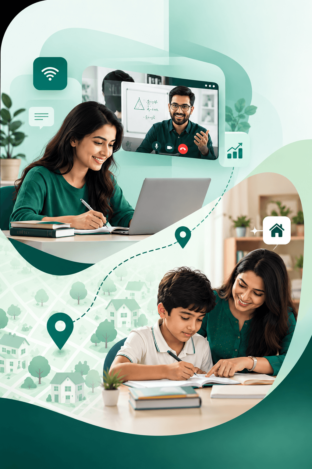 A tutor teaching online and a mother helping her son study at home