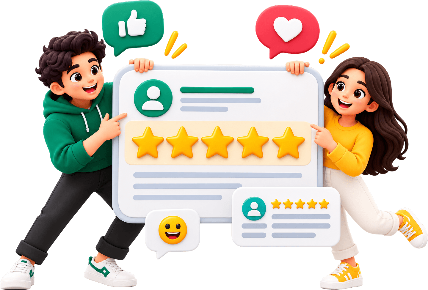 Two students holding up a five-star review