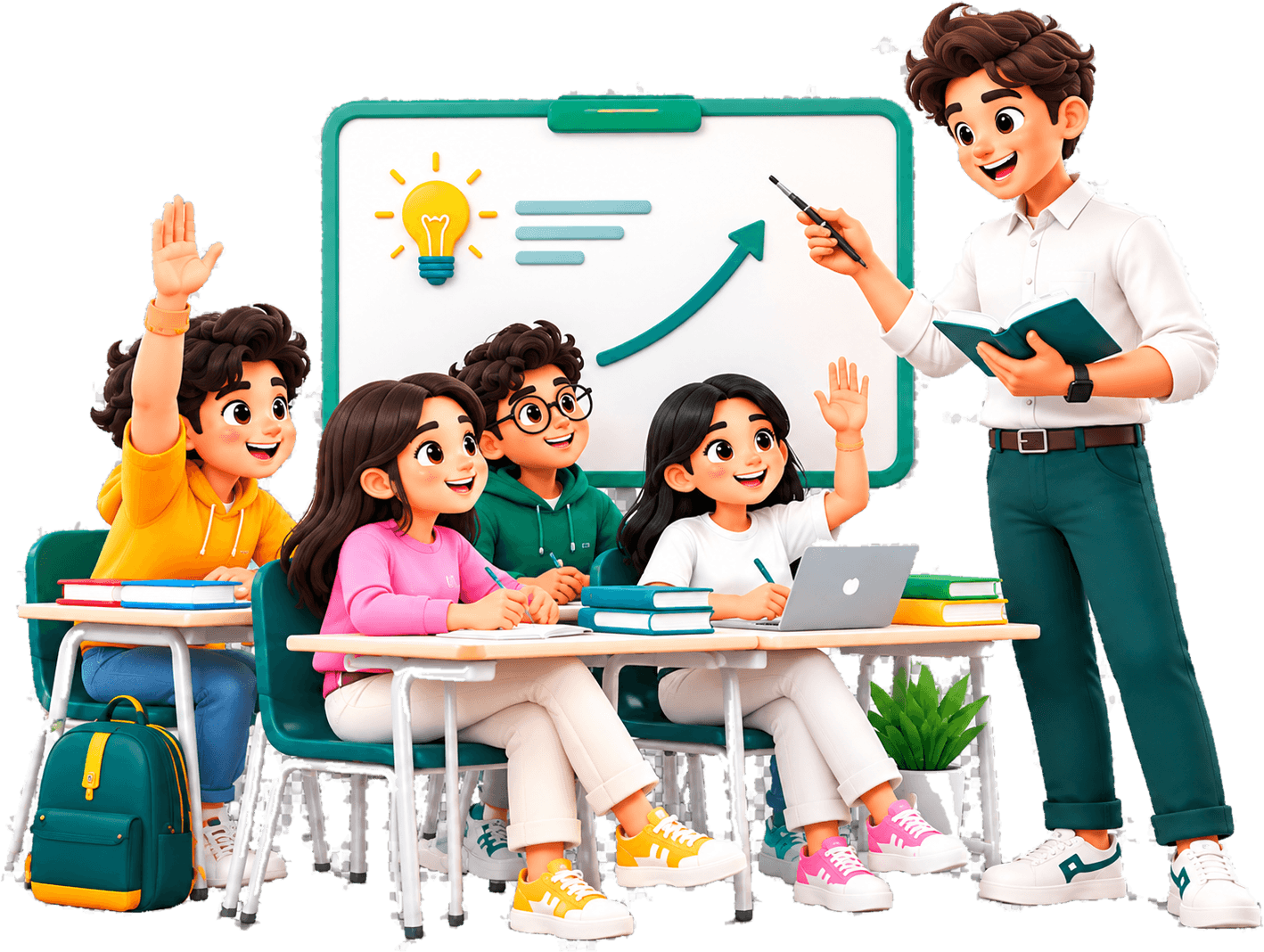 A tutor teaching a class of happy students