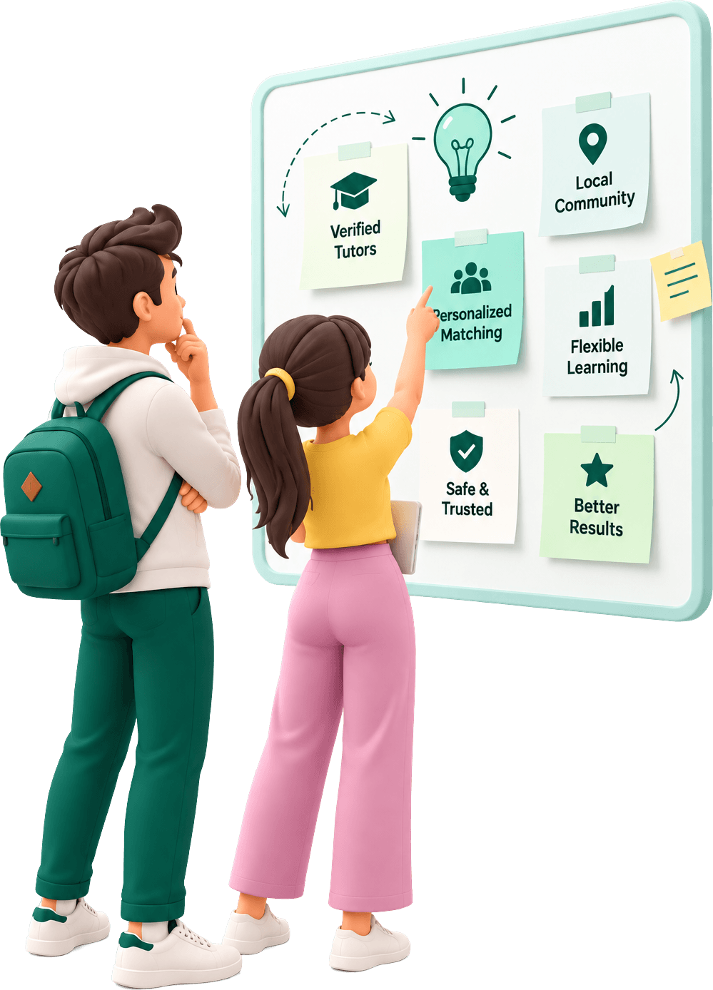 Two students looking at a board of NexTutorHub benefits