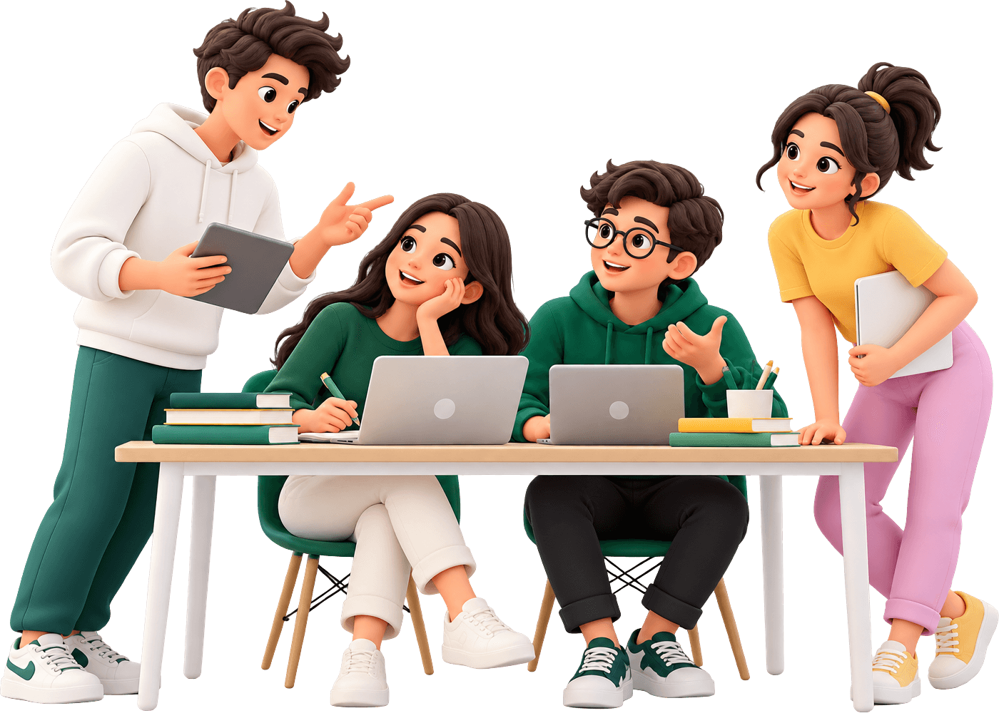 Students studying together around a table with laptops